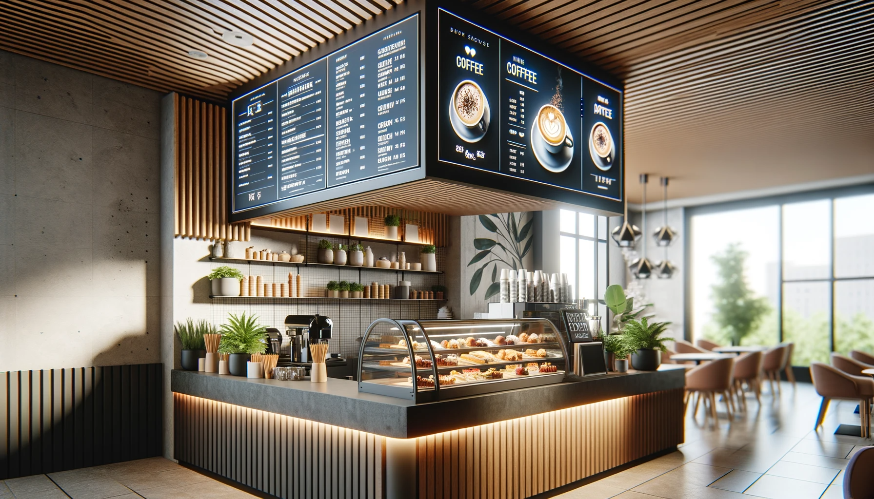 Vibrant restaurant interior with an eye-catching digital menu.